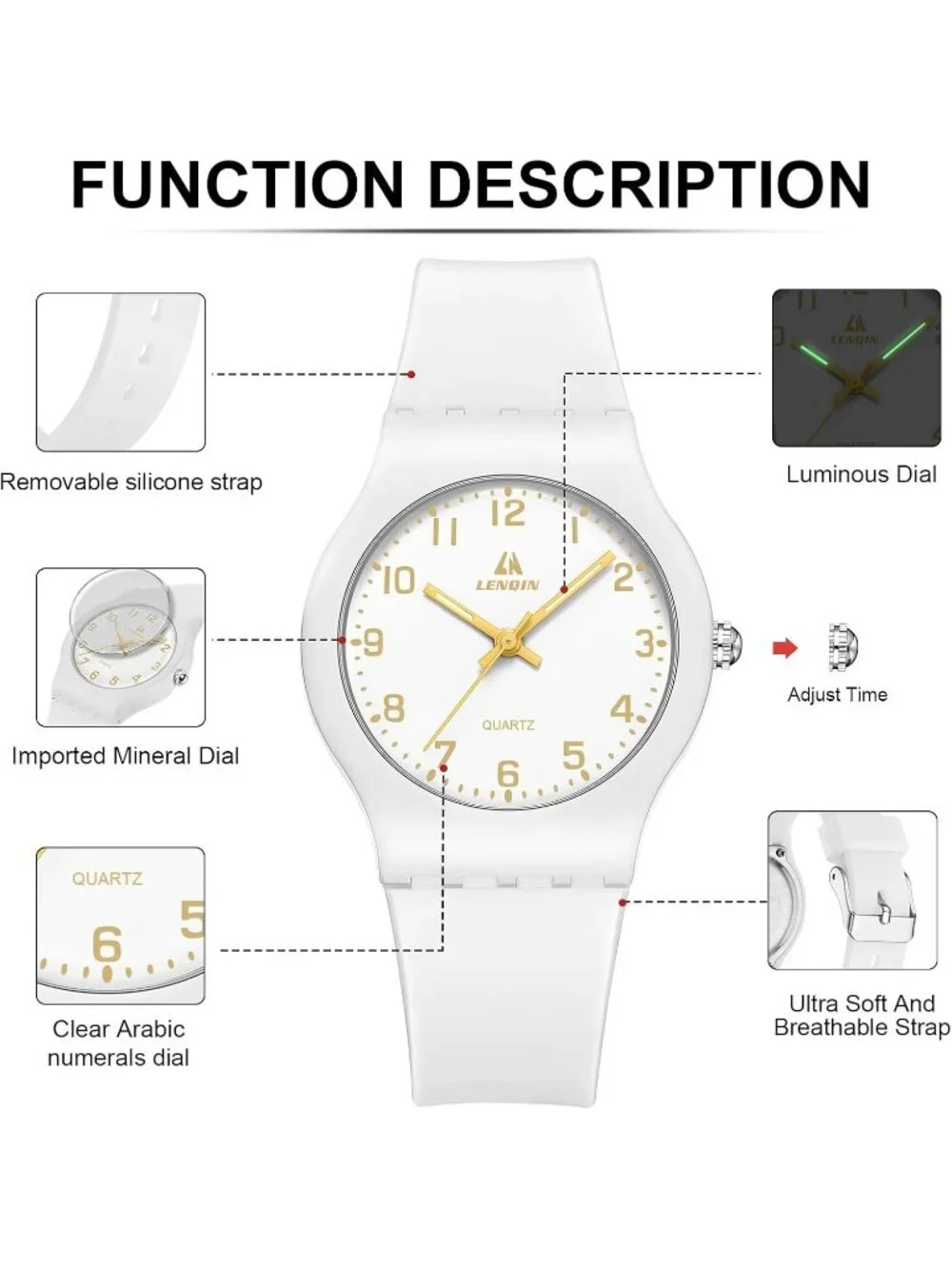 Ln Lenqin Women's All White Analog Quartz Rubber Strap Waterproof Wrist Watch